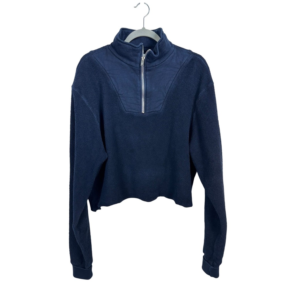 Les Tien Quarter Zip Sweatshirt Women Small Navy Blue Very Good Cropped Raw Hem